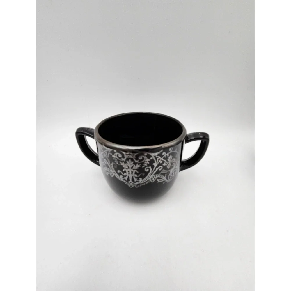 Vtg Black Amethyst Glass Creamer & Sugar W/‎ Silver Design Rockwell Silver Co?